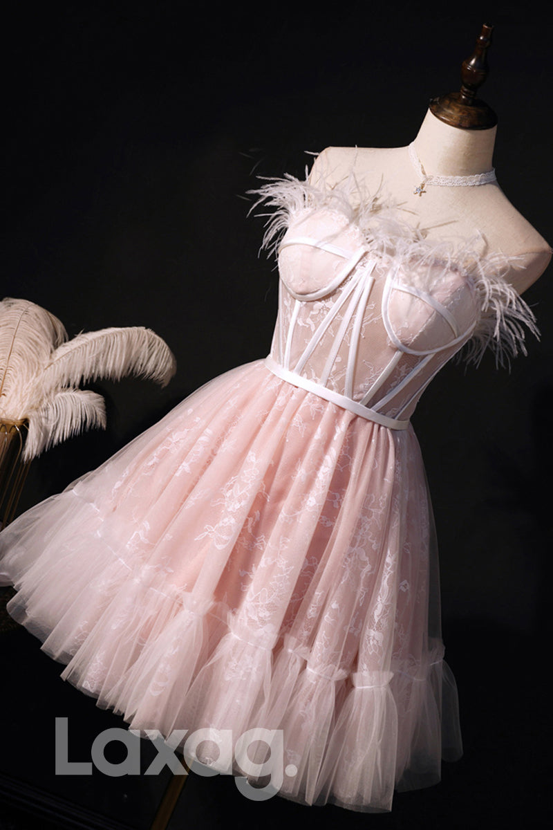 12190 - Strapless Feathers Pink Cute Homecoming Dress