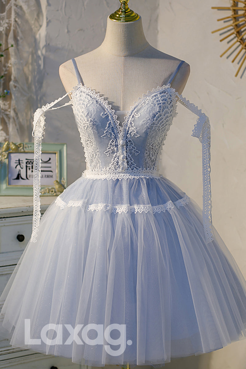 12194 - Plunging V-Neck Lace Short Homecoming Dress