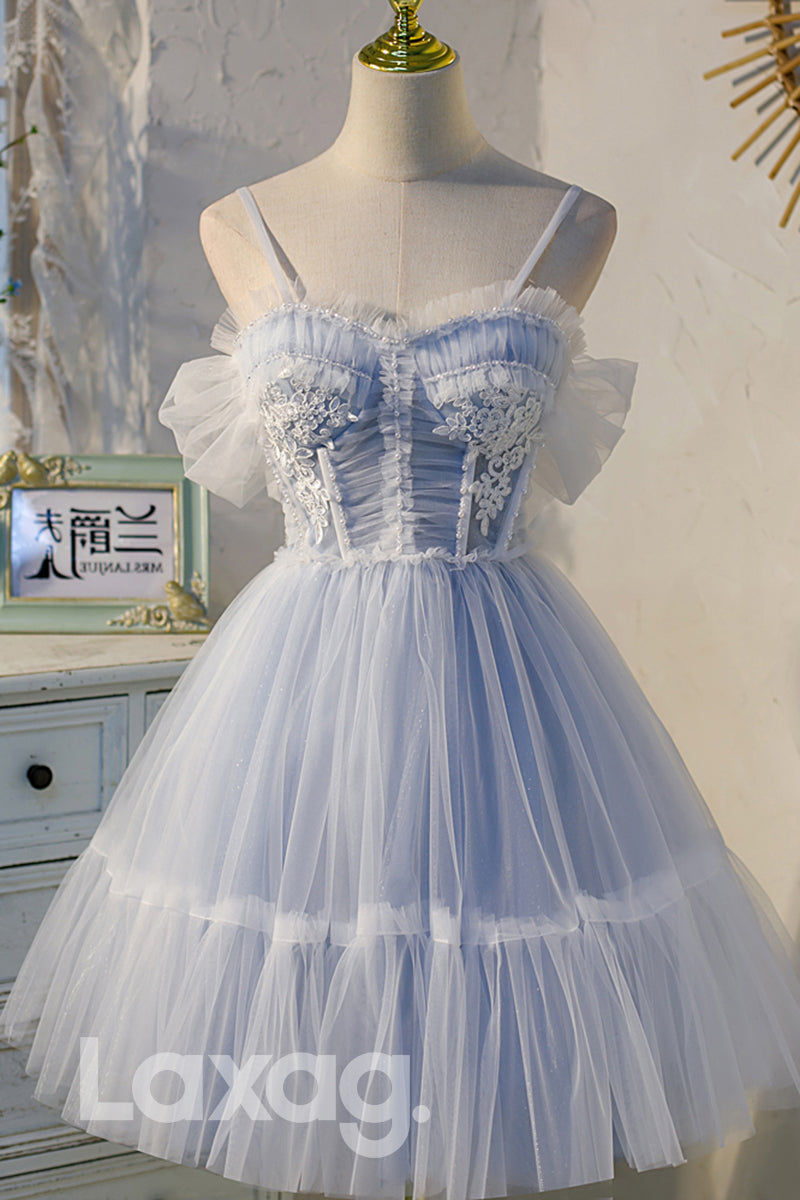 12195 - Spaghetti Straps Lace Appliques Short Homecoming Dress
