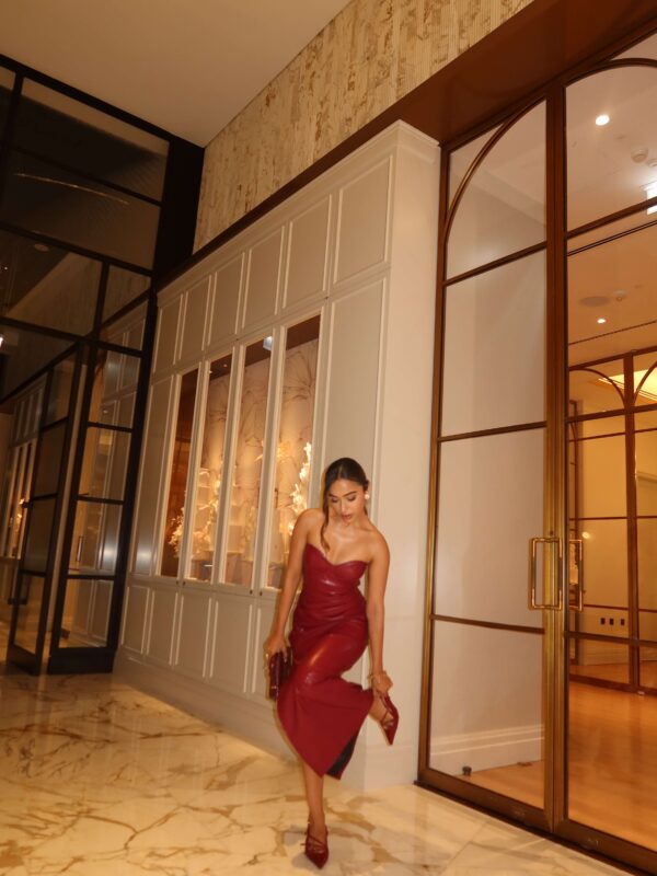 Faux-Leather Strapless Sweetheart High-Slit Maxi Dress 2
