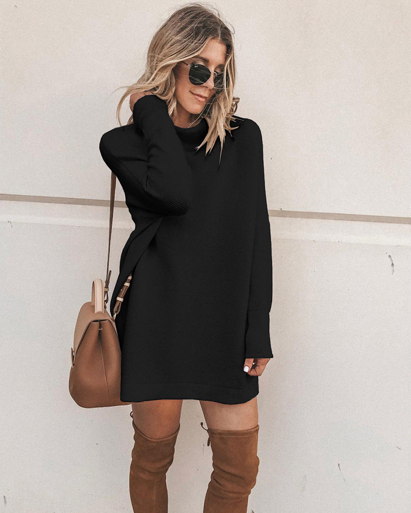 Mock Neck Long Sleeve Knit Tunic Mini Dress