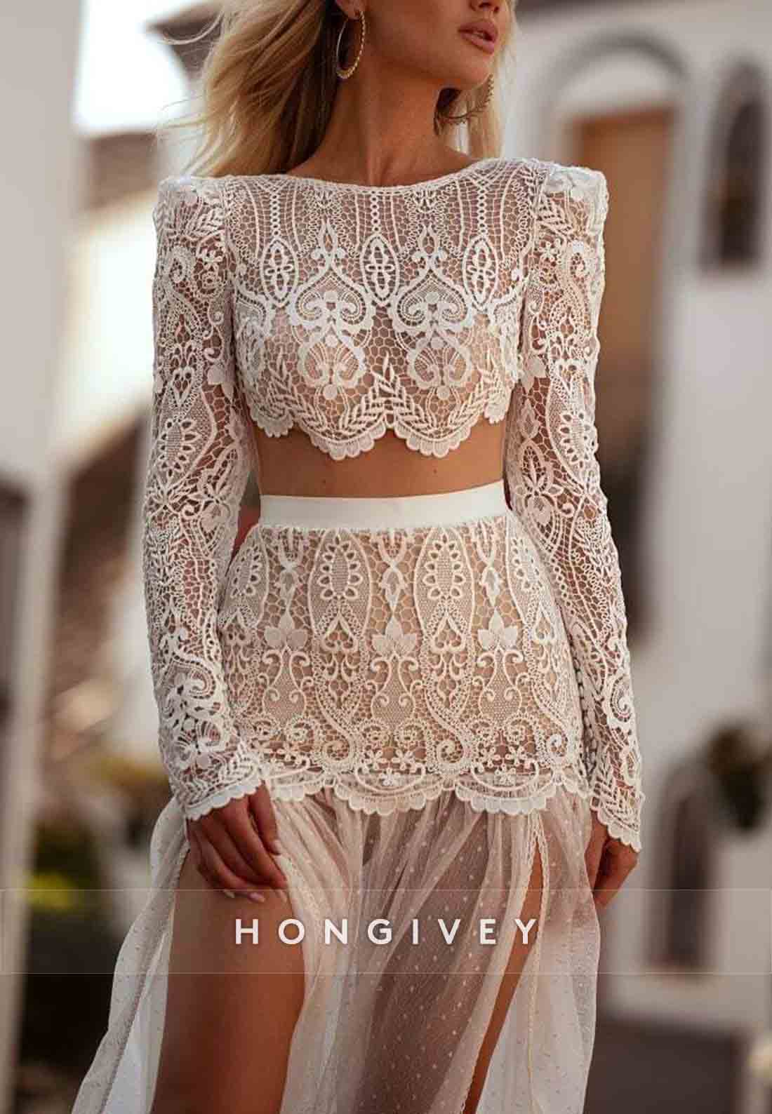 Lace High Slit Long Sleeves Floor-Length V Back Wedding Dress