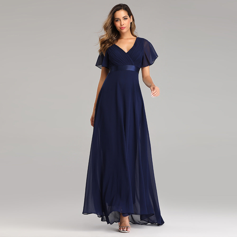Chiffon V-Neck Flutter Sleeve Pleated A-Line Maxi Dress - View 7