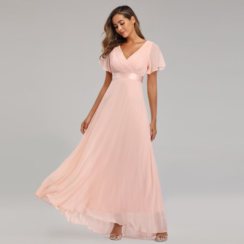 Chiffon V-Neck Flutter Sleeve Pleated A-Line Maxi Dress - View 4