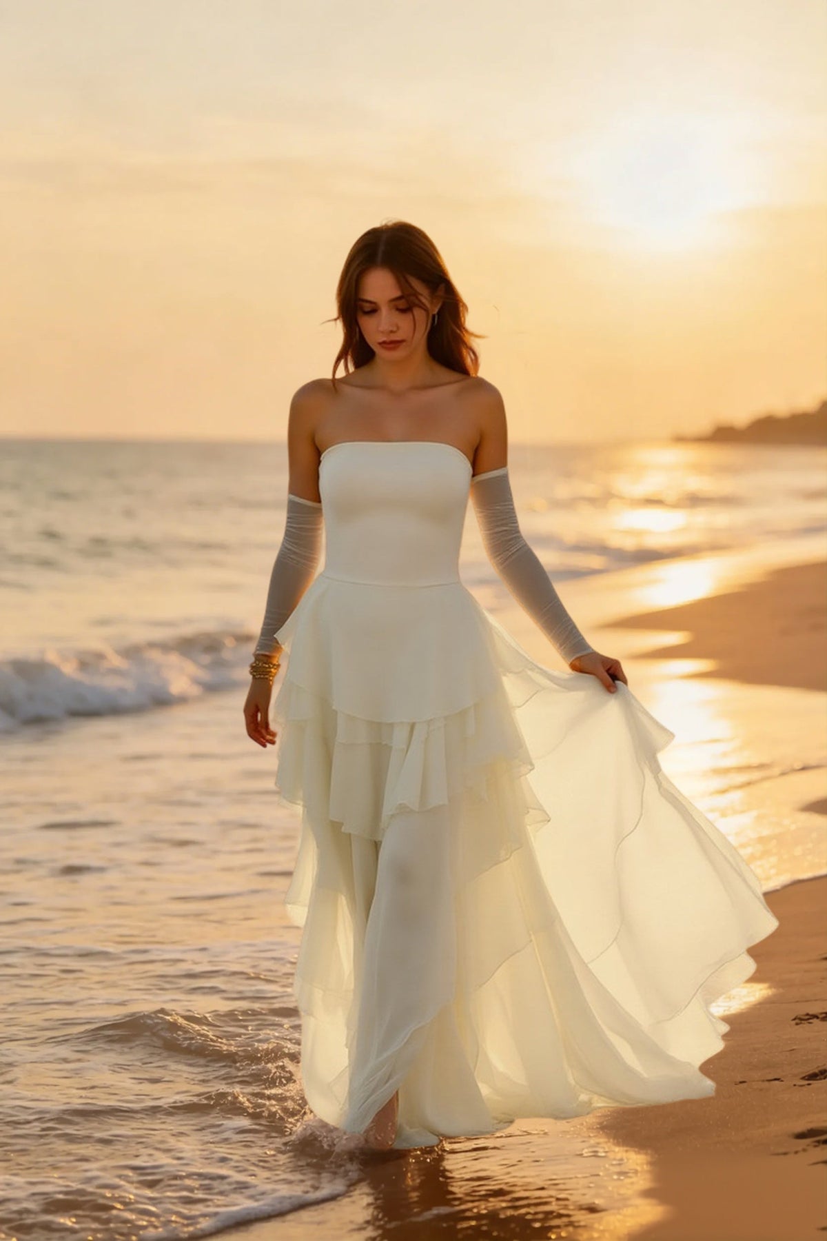 Strapless Drop-Waist Tiered Ruffle Maxi Dress