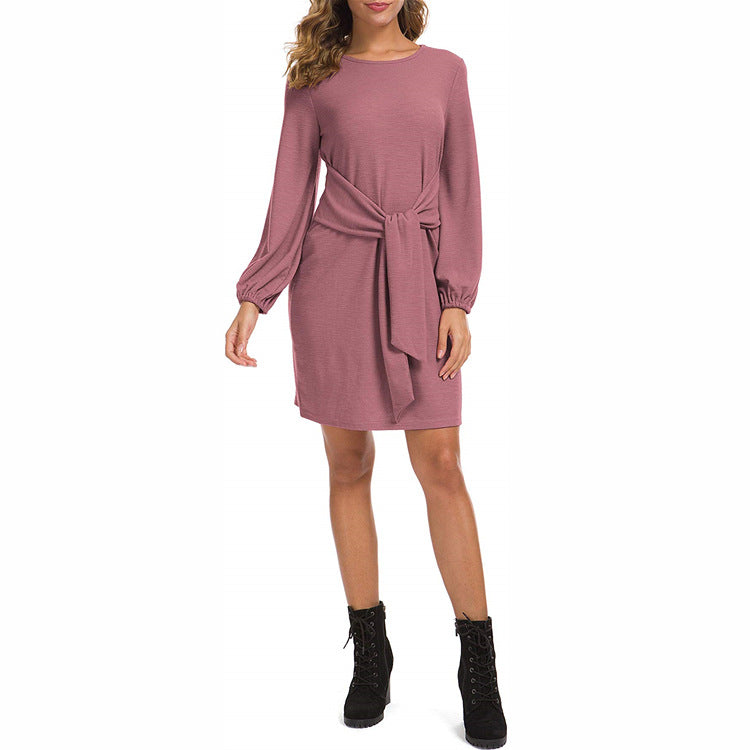 Round Neck Long Sleeve Tie Waist Shift Mini Dress