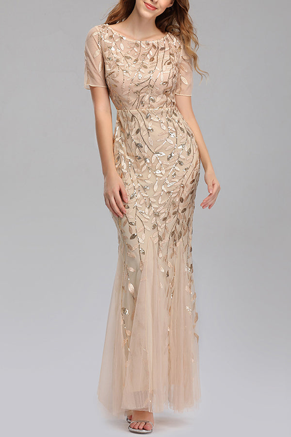 Mermaid Short Sleeves champagne Prom Dress - Fashionpara