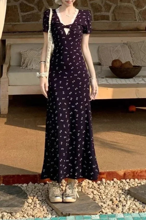 Ditsy Floral Print Sweetheart Puff Sleeve A-Line Maxi Dress 10