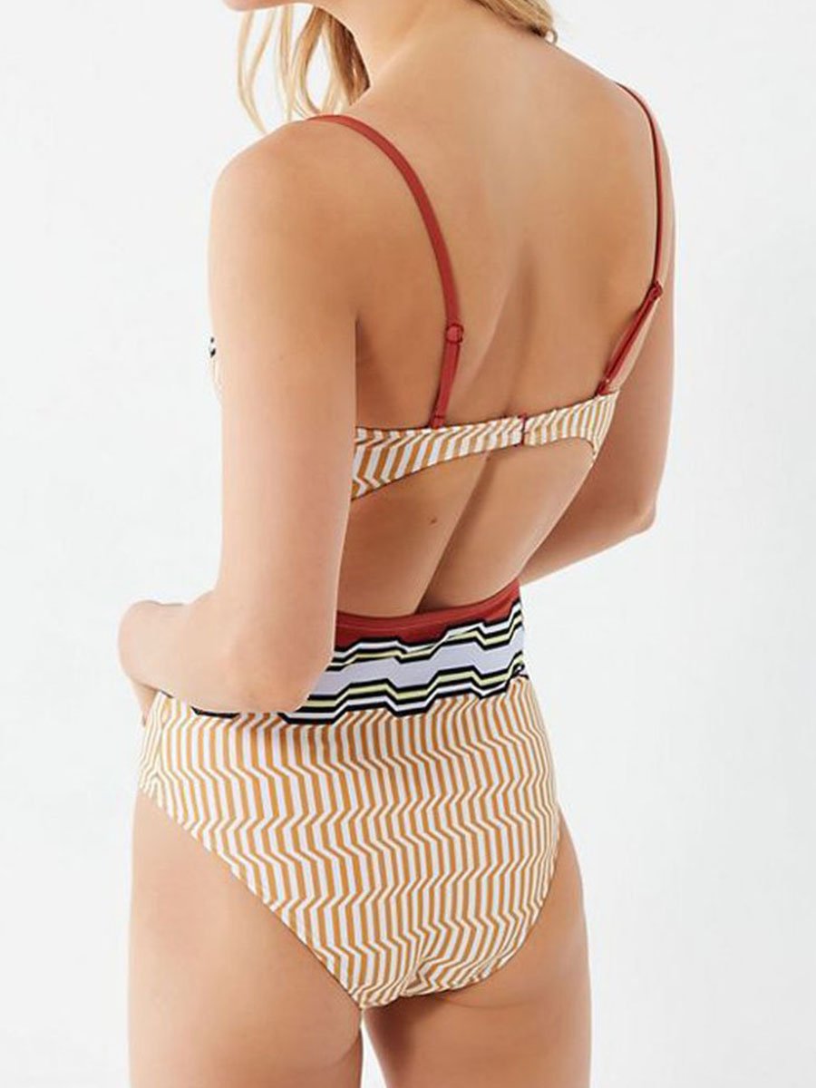 Spaghetti Strap Hollow-out Design Striped One-piece Swimsuit - Fashionpara