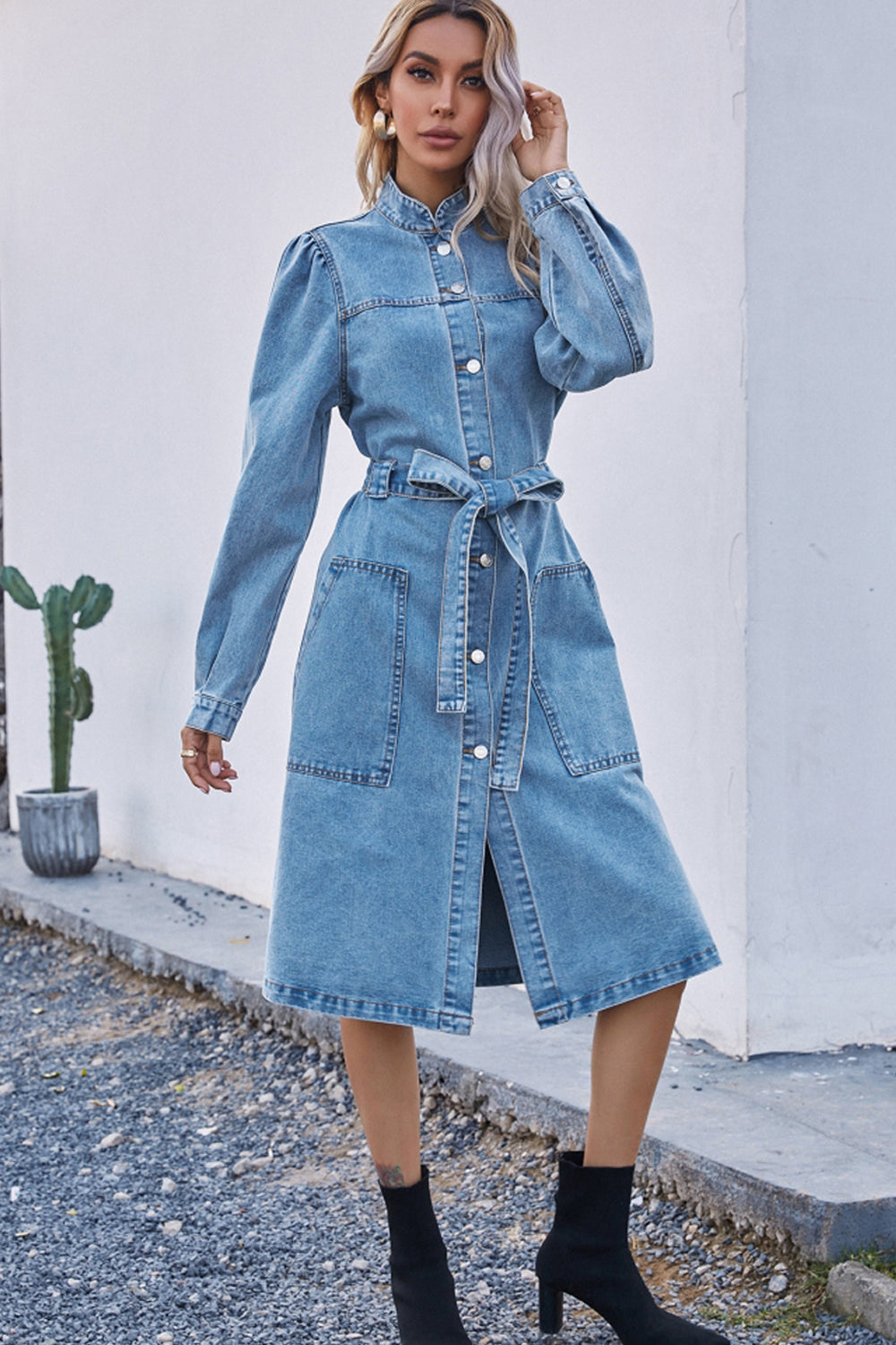 Denim Waist Long Sleeve Dress - Fashionpara
