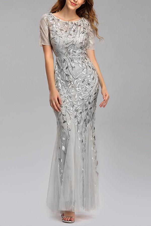 Mermaid Short Sleeves Silver Prom Dress - Fashionpara