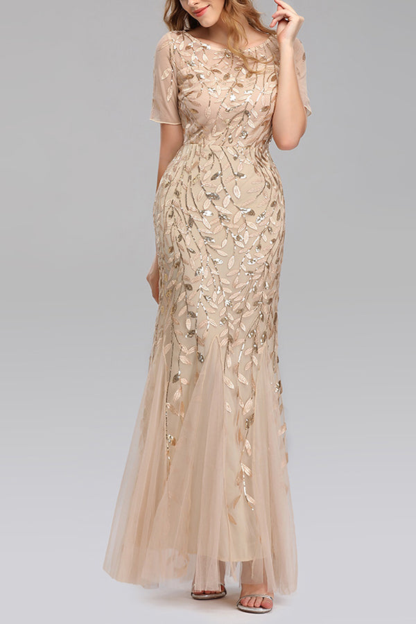 Mermaid Short Sleeves champagne Prom Dress - Fashionpara
