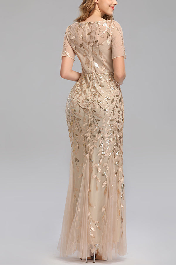 Mermaid Short Sleeves champagne Prom Dress - Fashionpara