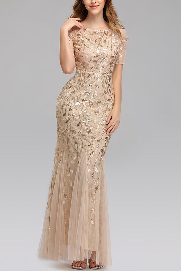 Mermaid Short Sleeves champagne Prom Dress - Fashionpara