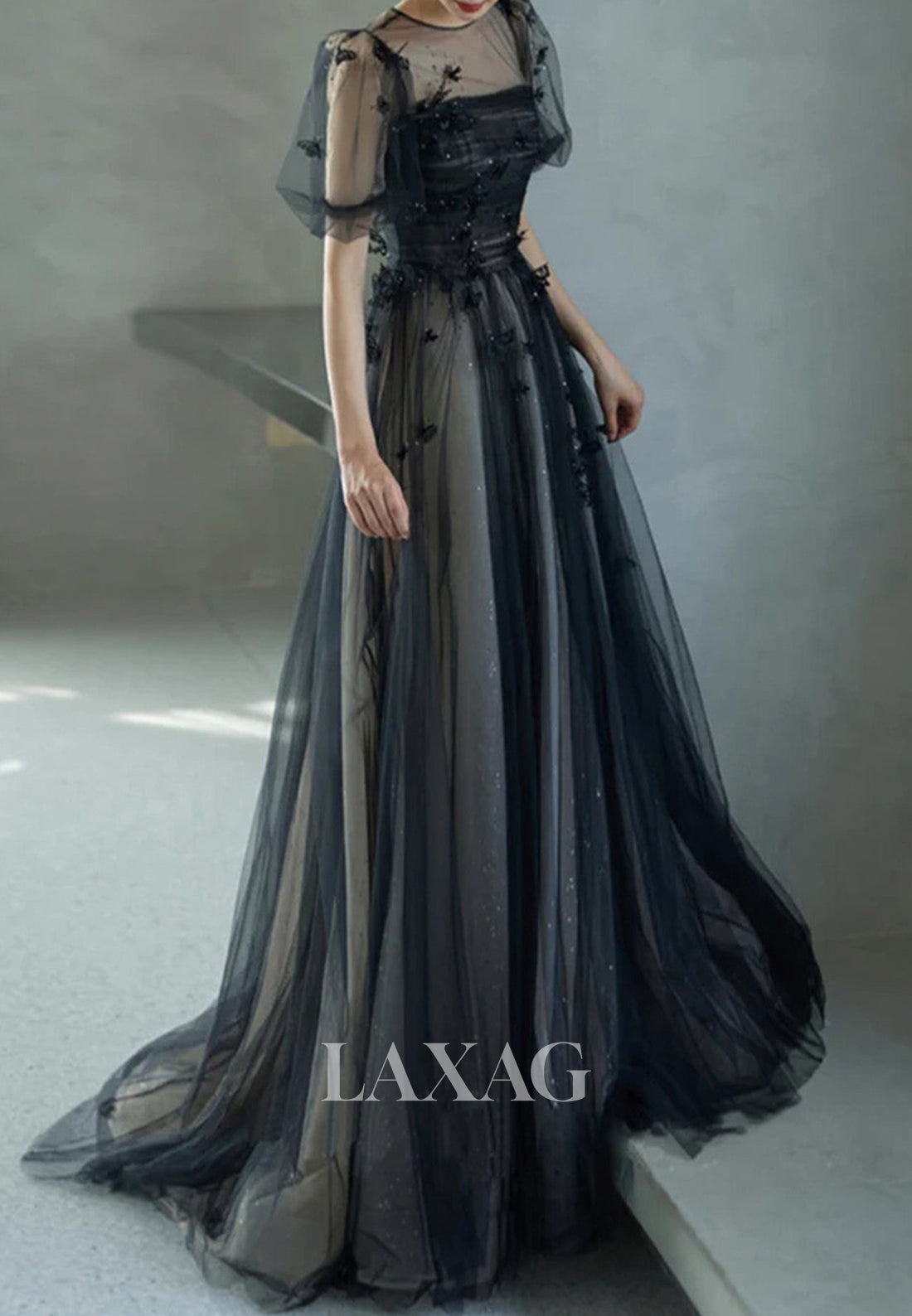 A-Line Applique Beaded Pleated Tulle Party Dress Tube Top Short-Sleeves Sweep Train Prom Dress