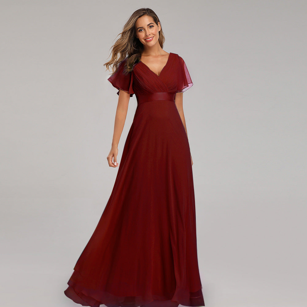 Chiffon V-Neck Flutter Sleeve Pleated A-Line Maxi Dress - View 5