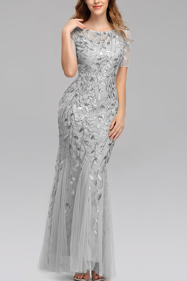 Mermaid Short Sleeves Silver Prom Dress - Fashionpara