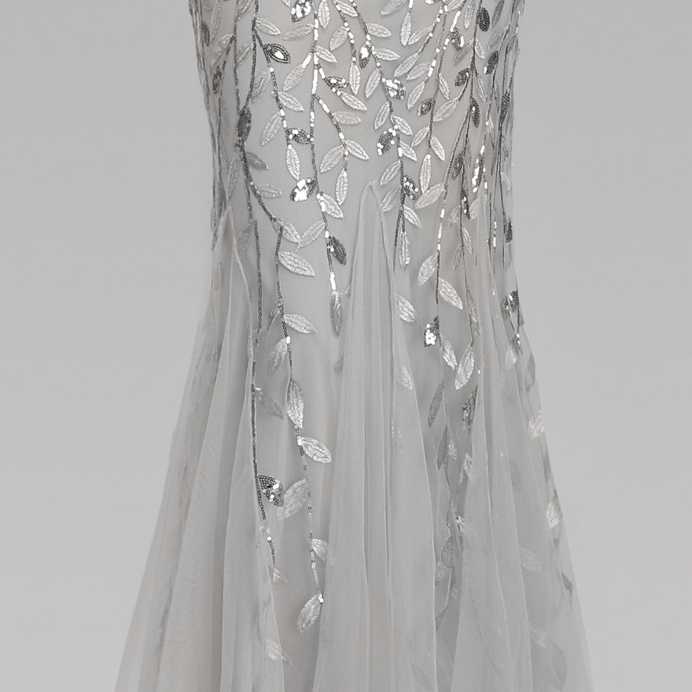 Mermaid Short Sleeves Silver Prom Dress - Fashionpara