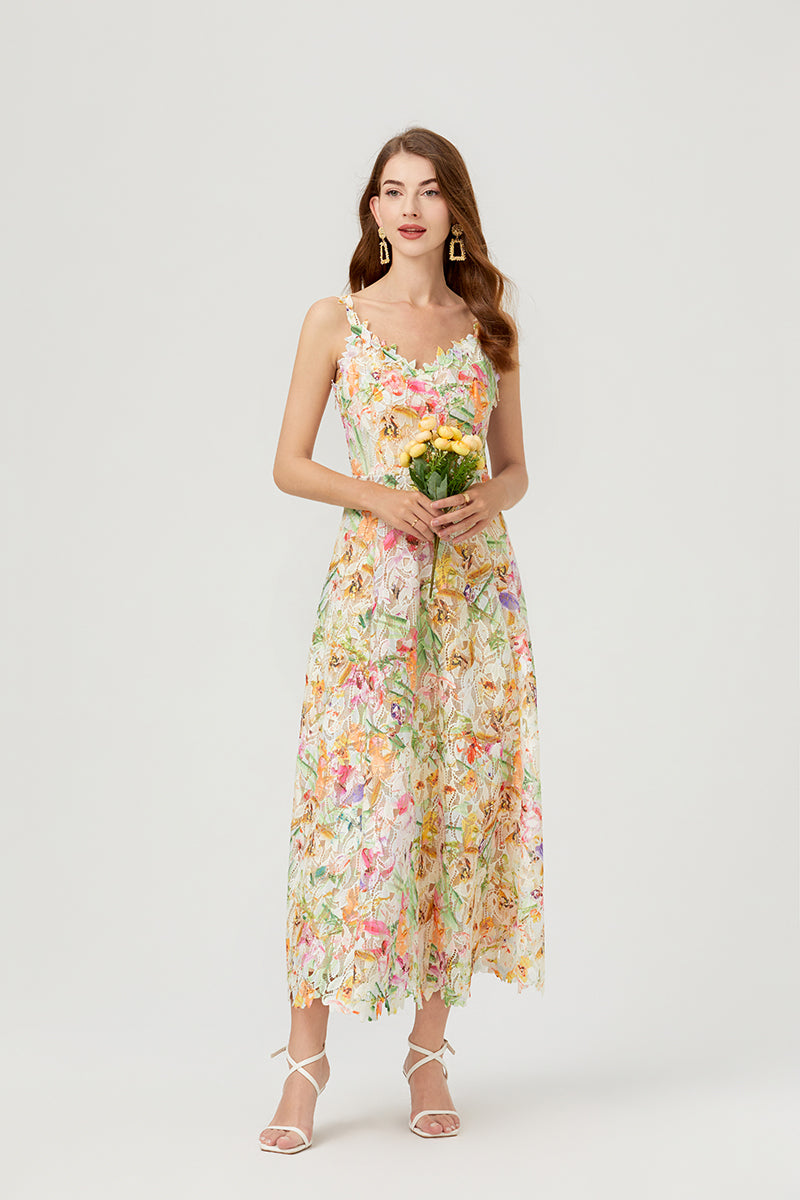 Floral Lace V-Neck Spaghetti Strap Fit and Flare Midi Dress