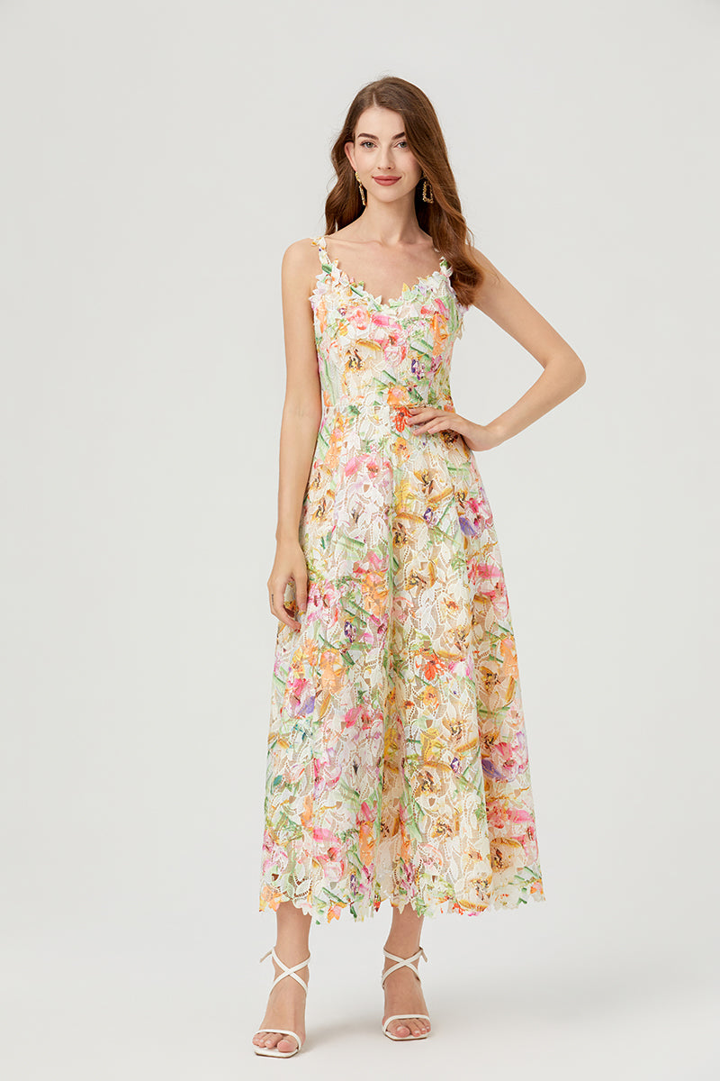 Floral Lace V-Neck Spaghetti Strap Fit and Flare Midi Dress - View 2