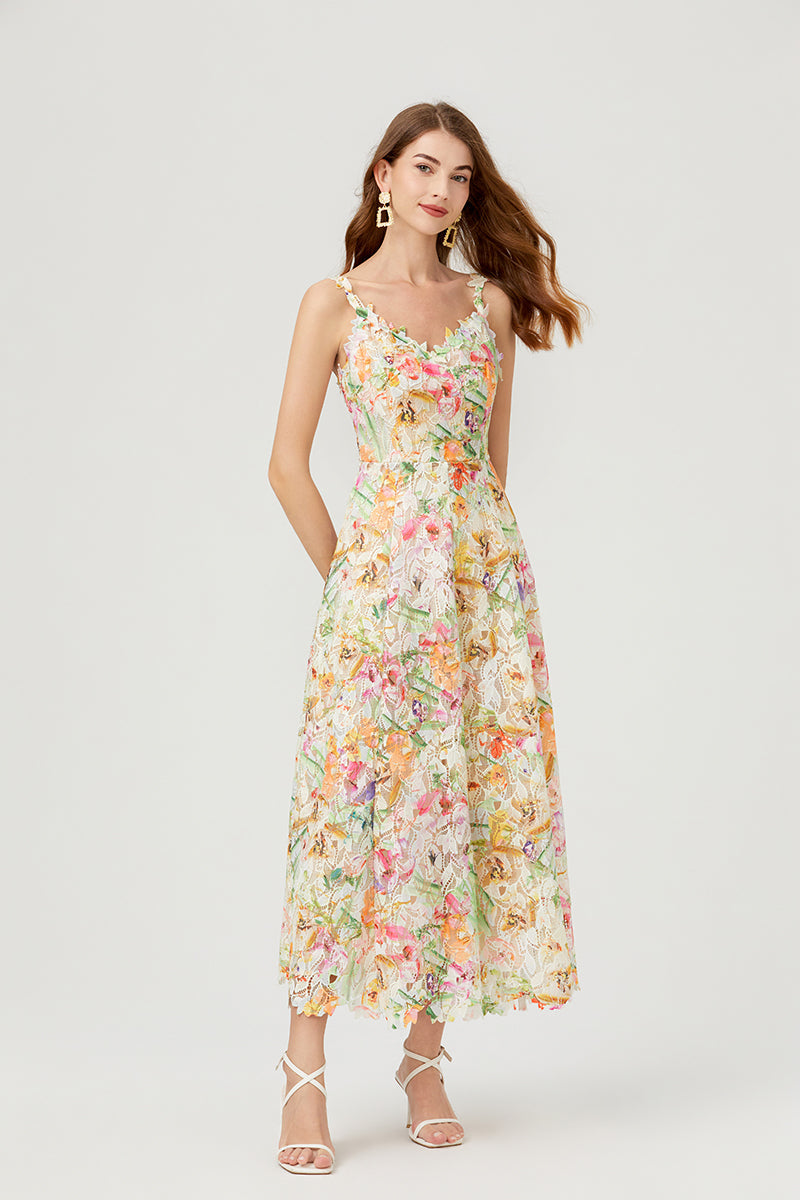 Floral Lace V-Neck Spaghetti Strap Fit and Flare Midi Dress - View 3