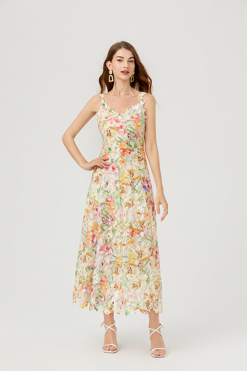 Floral Lace V-Neck Spaghetti Strap Fit and Flare Midi Dress - View 4
