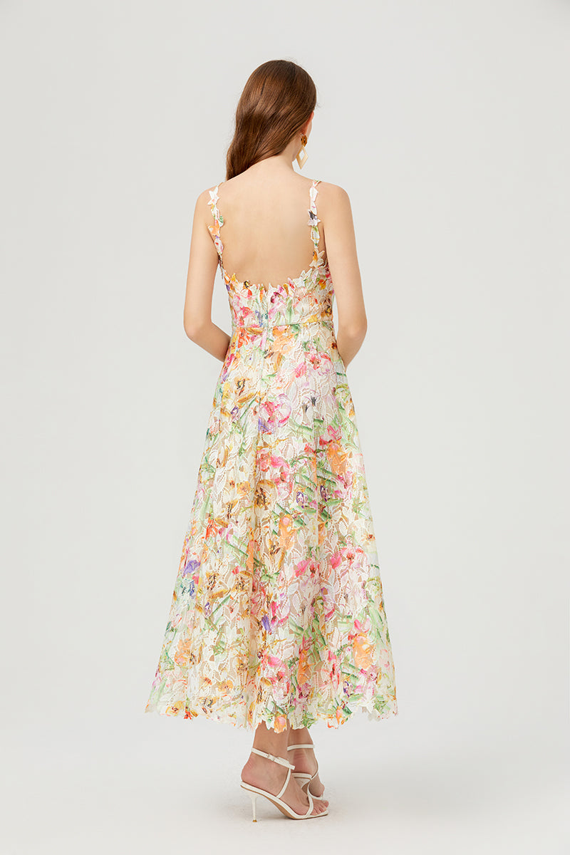 Floral Lace V-Neck Spaghetti Strap Fit and Flare Midi Dress - View 5