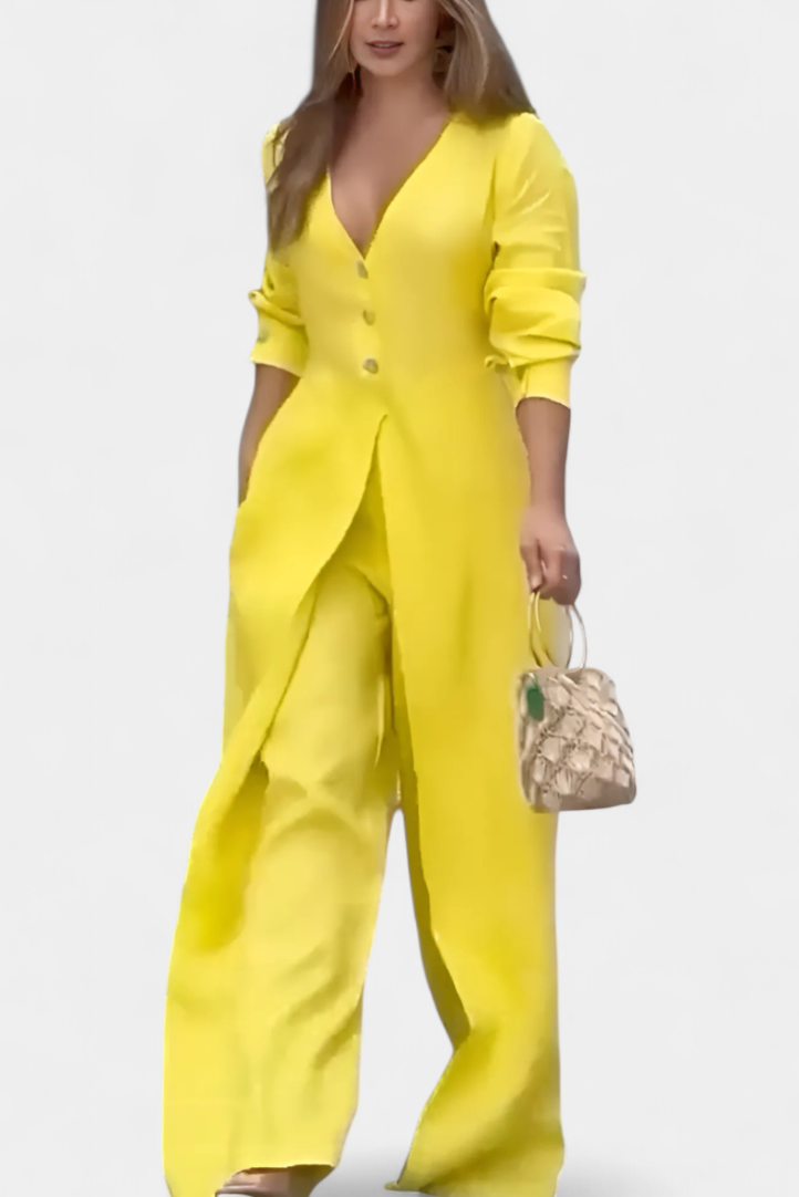 V-Neck Button Front Longline Top and Wide Leg Pants Two Piece Set 2