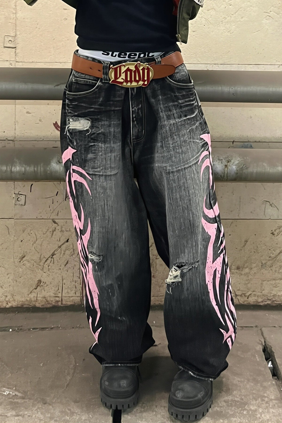 Washed Printed Loose Fit Wide Leg Jeans