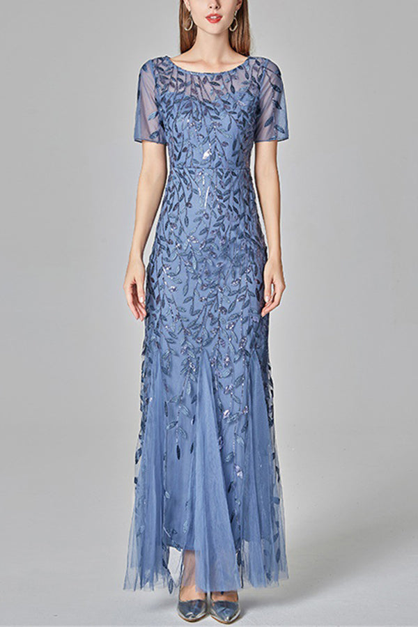 Mermaid Short Sleeves Blue Prom Dress - Fashionpara