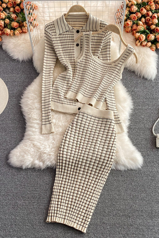 Stylish Temperament Plaid Knitted 3-Piece Coat Set for All
