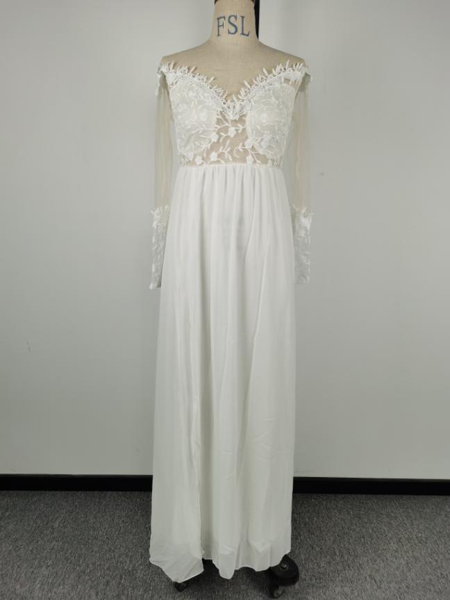 Lace Off Shoulder Long Sleeve Chiffon Maxi Wedding Dress