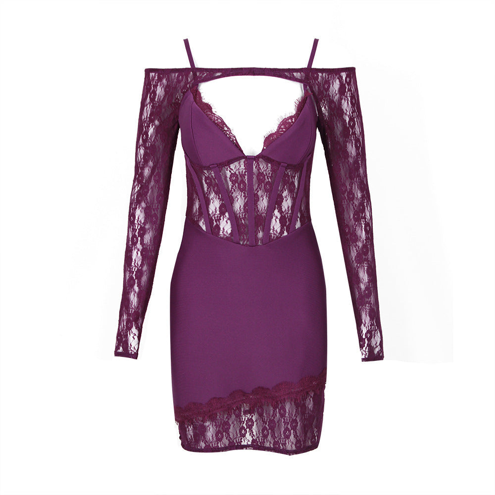 Lace Spaghetti Strap Long Sleeve Bandage One Piece Dress - View 2