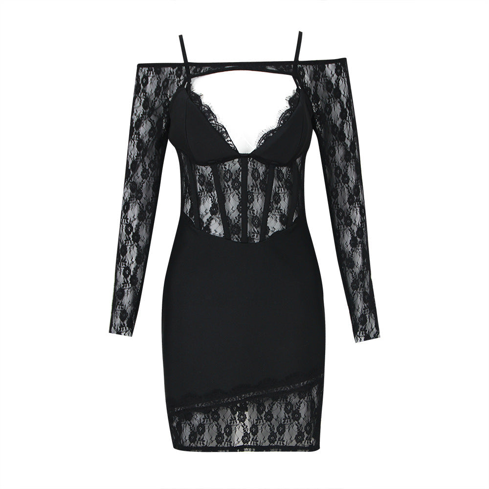 Lace Spaghetti Strap Long Sleeve Bandage One Piece Dress - View 3