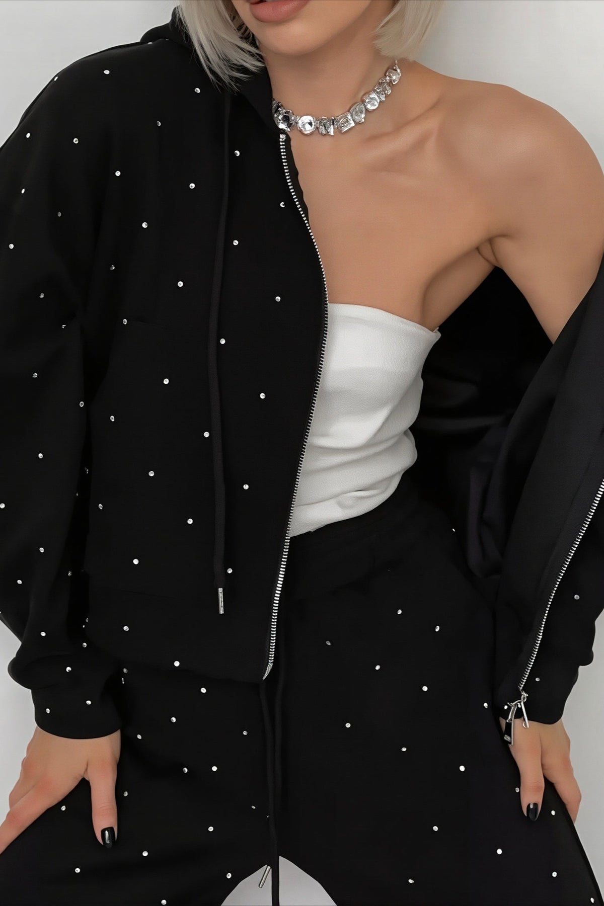 Rhinestone Hooded Loose Fit Two-Piece Set