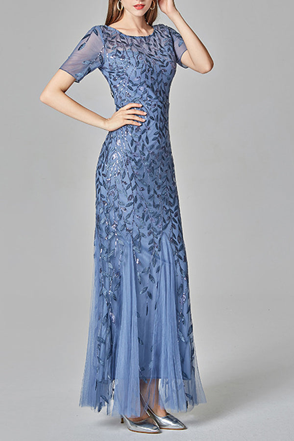 Mermaid Short Sleeves Blue Prom Dress - Fashionpara