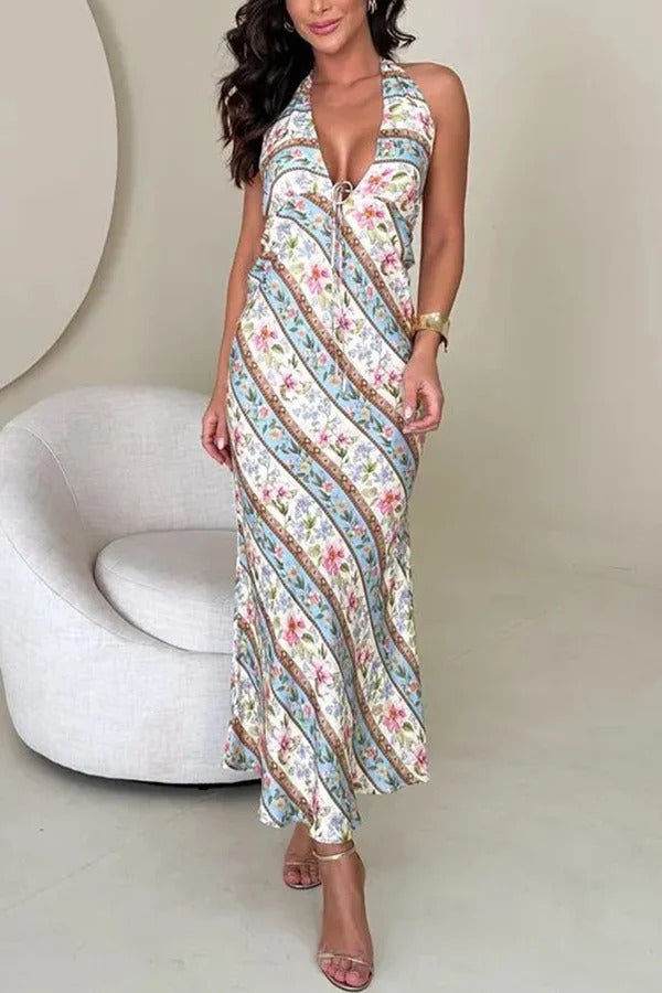 Garden Goddess Unique Colorblock Floral Print Halter Backless Maxi Dress - Fashionpara