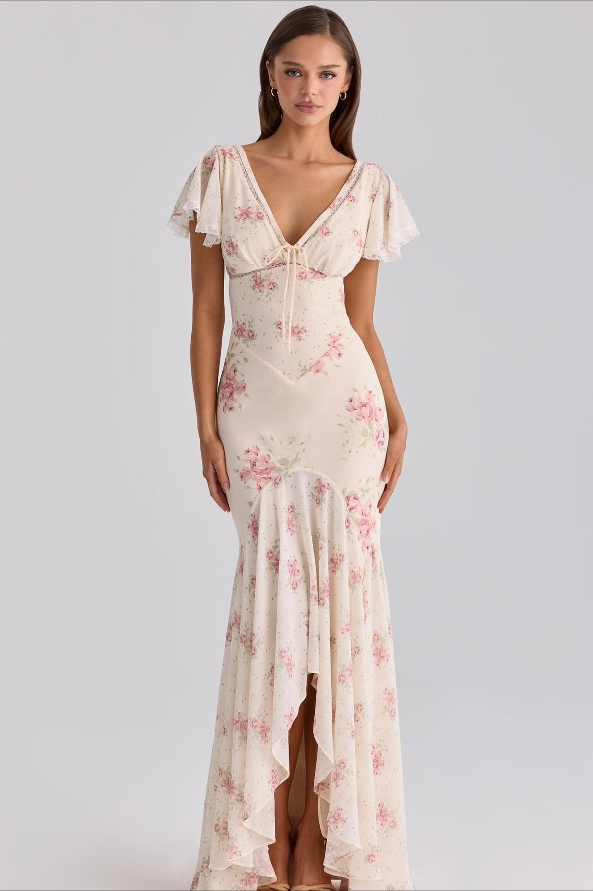 Mermaid V Neck Lace Panel Slim Long Floral Dress