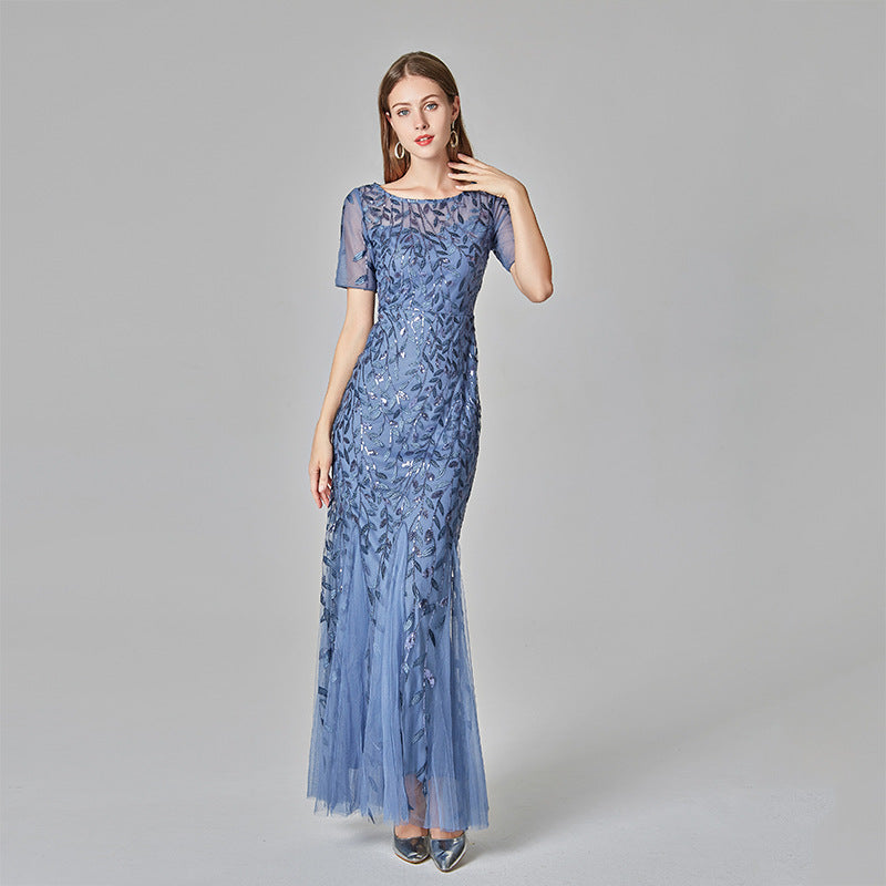 Sequin Round Neck Short Sleeve Mermaid Maxi Gown - View 6