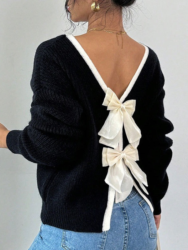 Back Bow Detail Crewneck Knit Sweater for Stylish Comfort