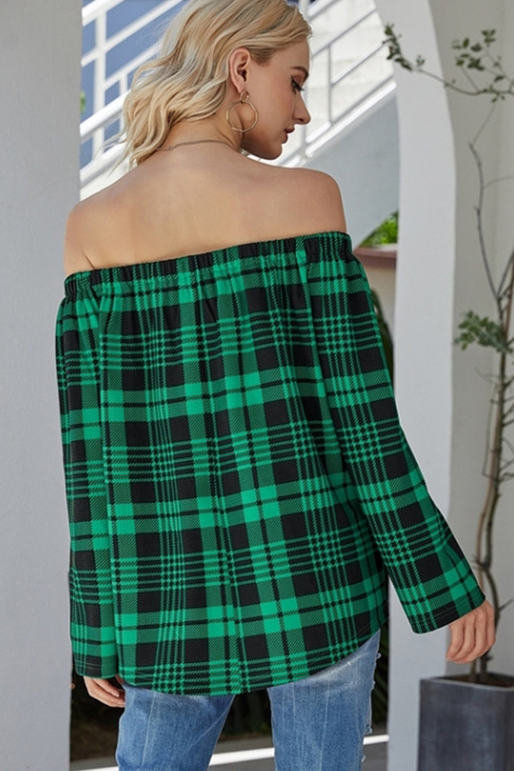 RadyRin Off-the-Shoulder Check Sweater for Effortless Style