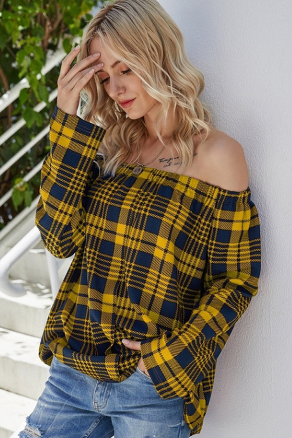 RadyRin Off-the-Shoulder Check Sweater for Effortless Style