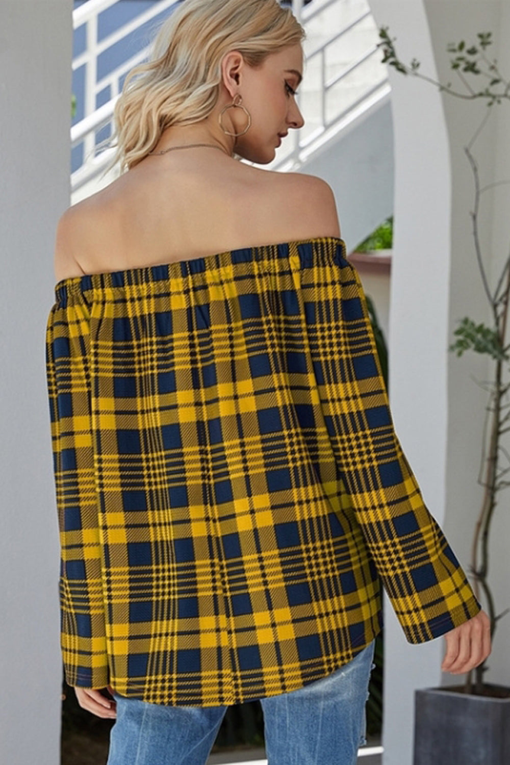 RadyRin Off-the-Shoulder Check Sweater for Effortless Style
