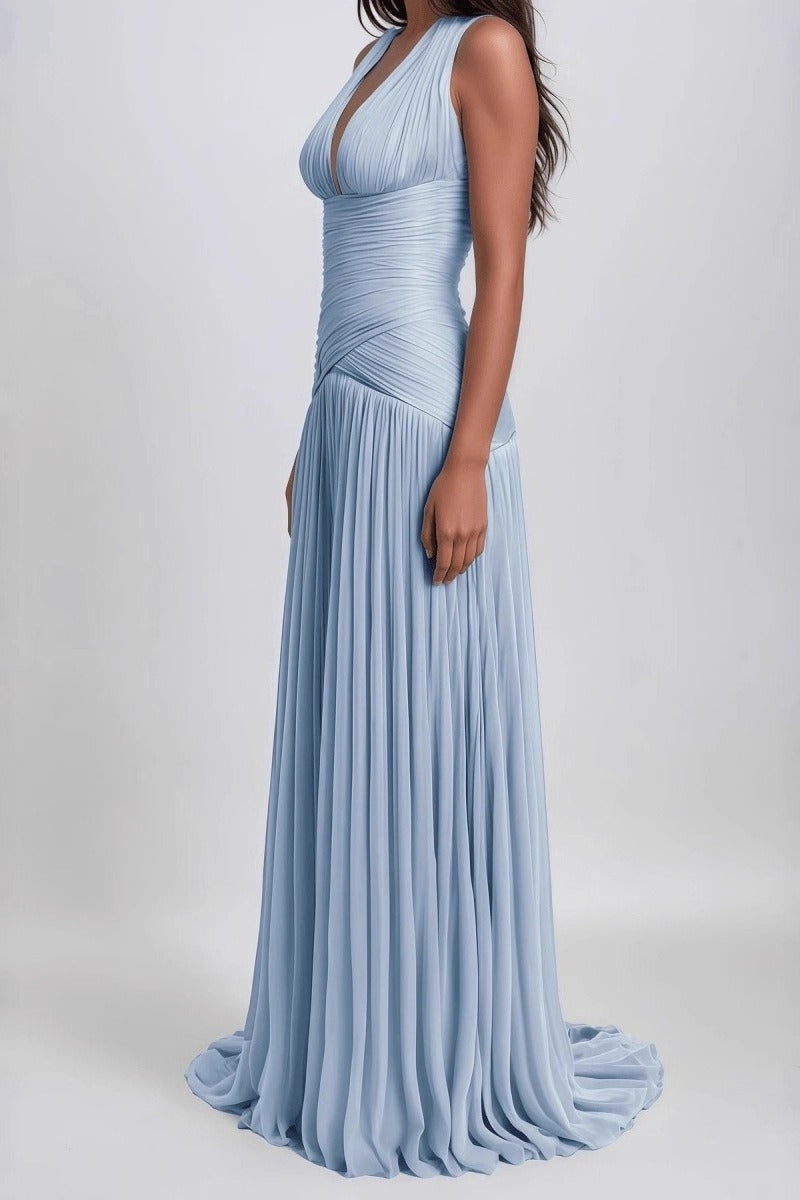 Halter Deep V-Neck Ruched A-Line Maxi Gown - View 3