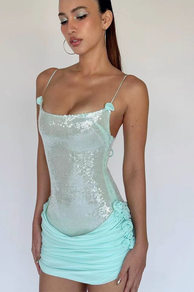 Sequin Spaghetti Strap Ruched Rosette Bodycon Mini Dress - View 3