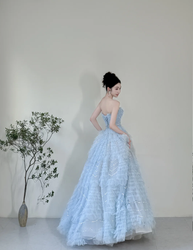 Dreamy Light Blue A-line Strapless Tulle Floor-length Prom Dress Evening Dress P4126