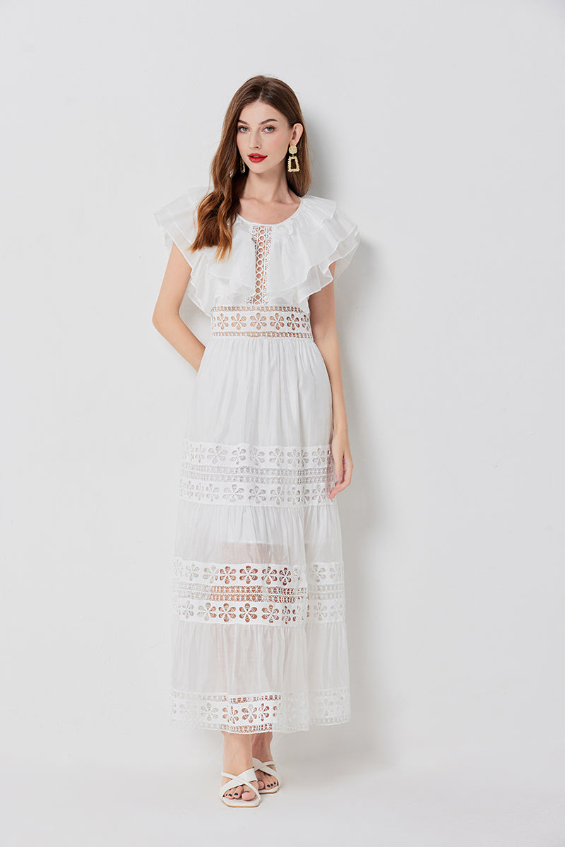 Eyelet Lace Cut Out Tiered Flutter Sleeve Ruffle Collar Maxi Dress - View 4