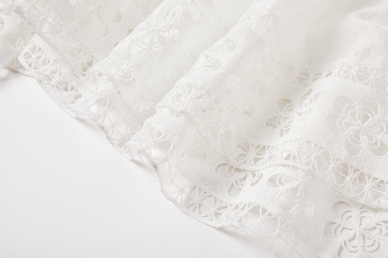 Eyelet Lace Cut Out Tiered Flutter Sleeve Ruffle Collar Maxi Dress - View 6