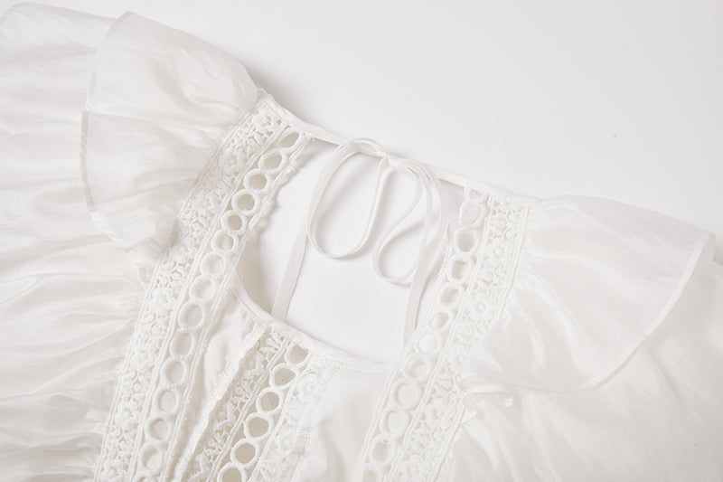Eyelet Lace Cut Out Tiered Flutter Sleeve Ruffle Collar Maxi Dress - View 7