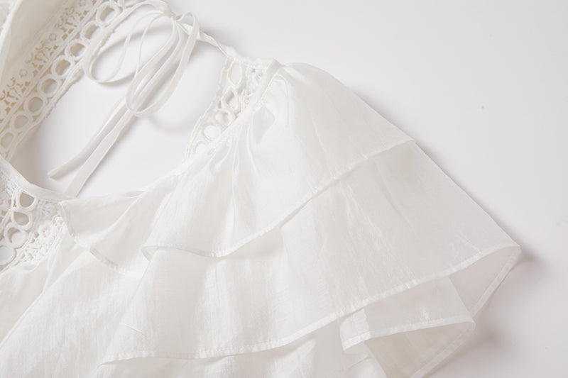 Eyelet Lace Cut Out Tiered Flutter Sleeve Ruffle Collar Maxi Dress - View 10